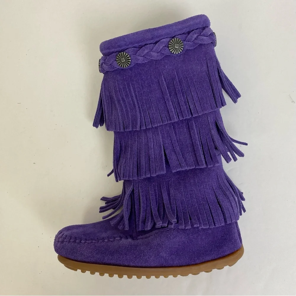 Minnetonka Purple Fringe Kids Moccasin Boots
